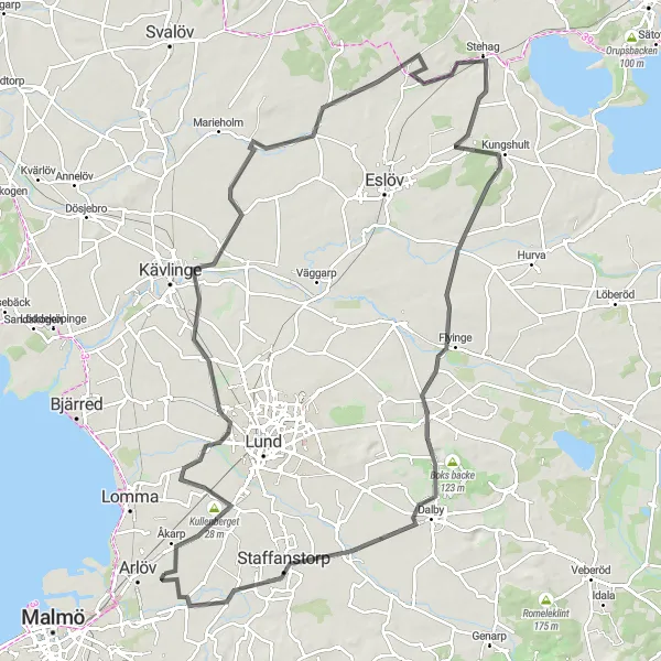 Map miniature of "The Kullenberget Loop" cycling inspiration in Sydsverige, Sweden. Generated by Tarmacs.app cycling route planner