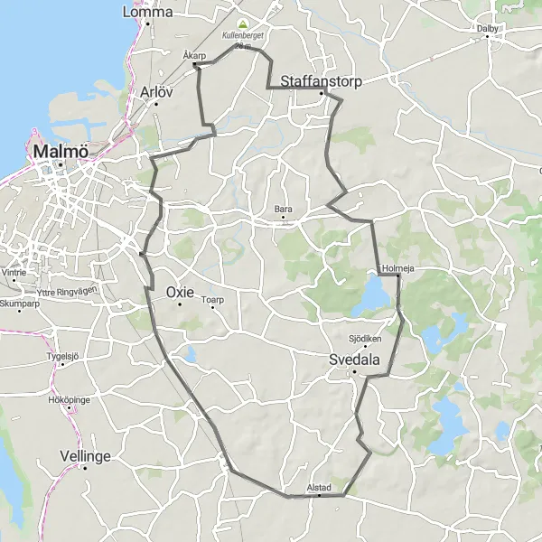 Map miniature of "Staffanstorp Loop" cycling inspiration in Sydsverige, Sweden. Generated by Tarmacs.app cycling route planner