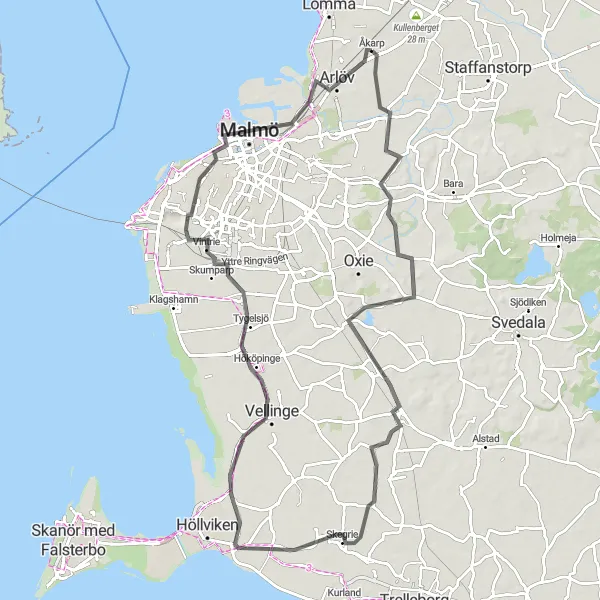 Kartminiatyr av "Kust och kultur runt Åkarp" cykelinspiration i Sydsverige, Sweden. Genererad av Tarmacs.app cykelruttplanerare