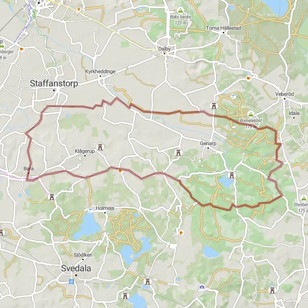 Map miniature of "Scenic Gravel Loop near Bara" cycling inspiration in Sydsverige, Sweden. Generated by Tarmacs.app cycling route planner