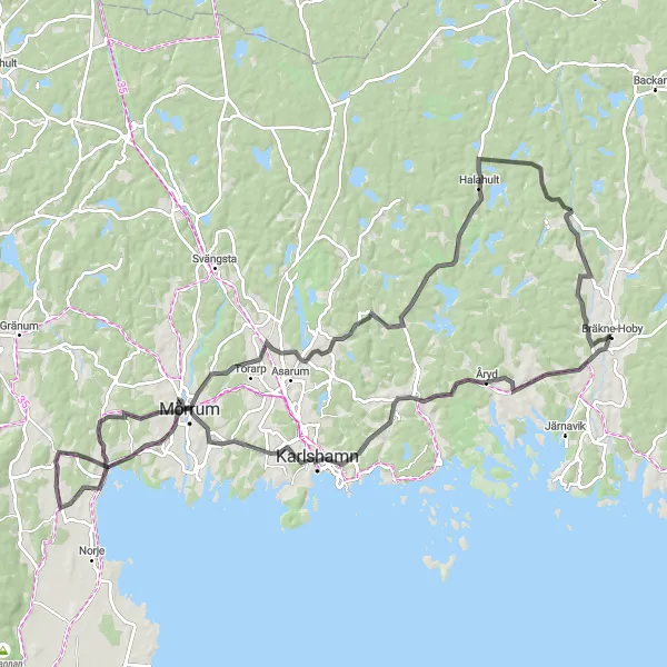 Kartminiatyr av "Skogarnas Rike 96 km" cykelinspiration i Sydsverige, Sweden. Genererad av Tarmacs.app cykelruttplanerare