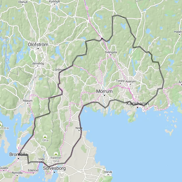 Kartminiatyr av "Spännande resa till Gränum och Pukavik" cykelinspiration i Sydsverige, Sweden. Genererad av Tarmacs.app cykelruttplanerare