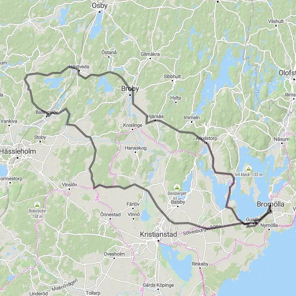 Map miniature of "The Fjälkinge Challenge" cycling inspiration in Sydsverige, Sweden. Generated by Tarmacs.app cycling route planner