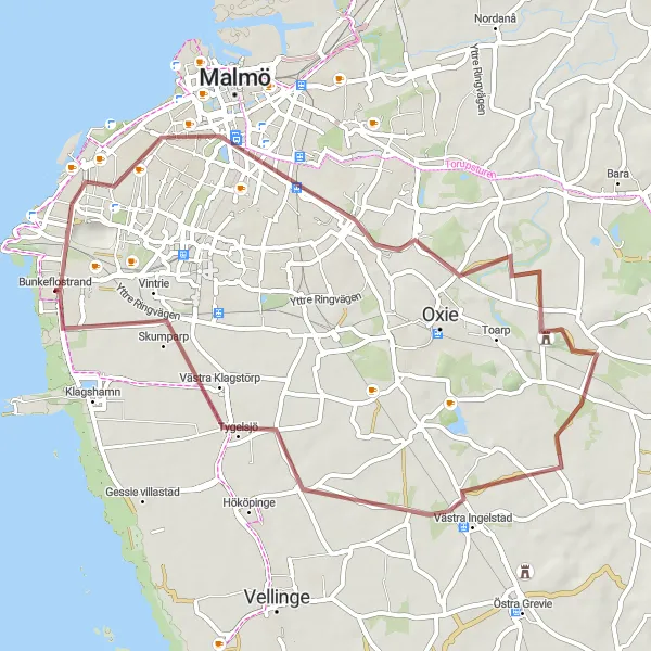 Map miniature of "Coastal Loop to Bunkeflostrand" cycling inspiration in Sydsverige, Sweden. Generated by Tarmacs.app cycling route planner