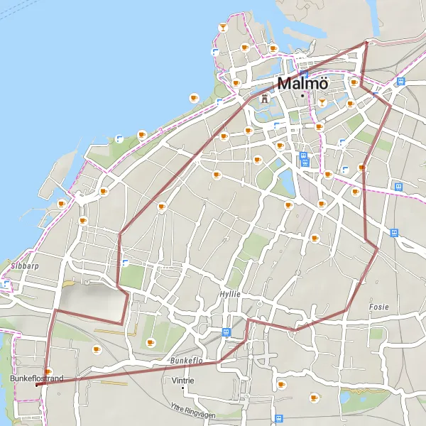 Kartminiatyr av "Kalkbrottet och Malmo" cykelinspiration i Sydsverige, Sweden. Genererad av Tarmacs.app cykelruttplanerare