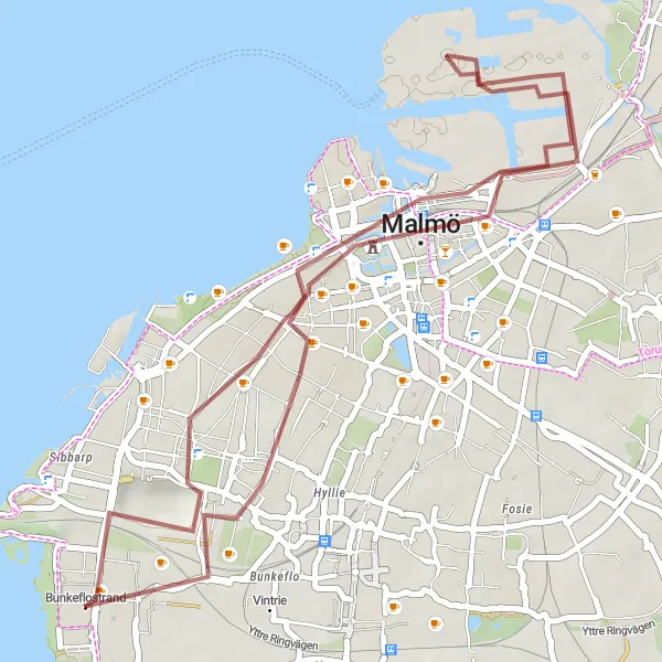 Kartminiatyr av "Upptäck Malmos kuststräcka" cykelinspiration i Sydsverige, Sweden. Genererad av Tarmacs.app cykelruttplanerare