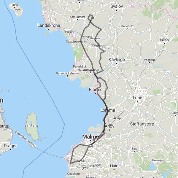 Kartminiatyr av "Kustlinjer och lantliga vyer" cykelinspiration i Sydsverige, Sweden. Genererad av Tarmacs.app cykelruttplanerare