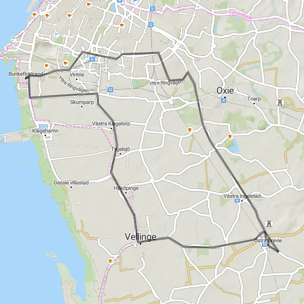 Kartminiatyr av "Kustvindar och Kultur i Sydsvenska Slätten" cykelinspiration i Sydsverige, Sweden. Genererad av Tarmacs.app cykelruttplanerare