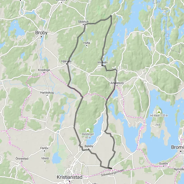 Kartminiatyr av "Äventyr genom Hjärsås och Sibbhult" cykelinspiration i Sydsverige, Sweden. Genererad av Tarmacs.app cykelruttplanerare