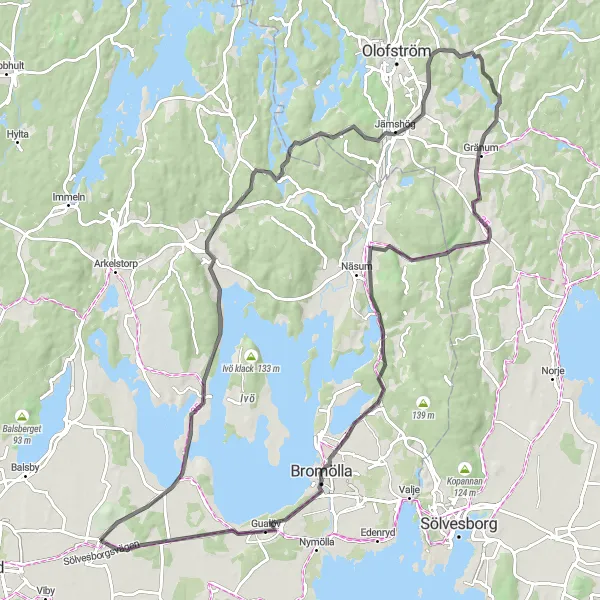 Kartminiatyr av "Äventyrlig tur genom Sydsverige" cykelinspiration i Sydsverige, Sweden. Genererad av Tarmacs.app cykelruttplanerare