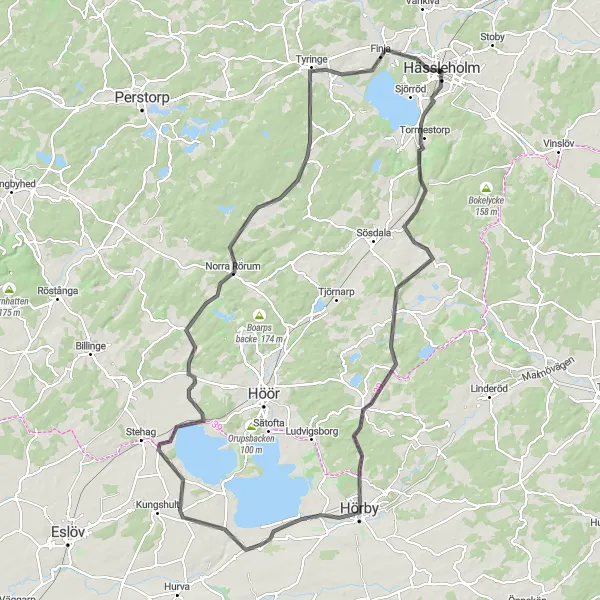 Kartminiatyr av "Hässleholm - Norra Mellby - Södra Rörum - Hörby - Sjöholmen - Norra Rörum - Tyringe - Hässleholm" cykelinspiration i Sydsverige, Sweden. Genererad av Tarmacs.app cykelruttplanerare