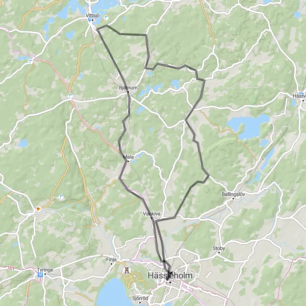 Kartminiatyr av "Hässleholm - Vankiva - Bjärnum - Vittsjö - Farstorp - Hässleholm" cykelinspiration i Sydsverige, Sweden. Genererad av Tarmacs.app cykelruttplanerare