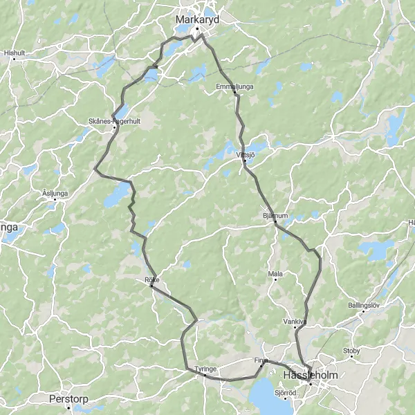 Kartminiatyr av "Tyringe - Vittsjö Road Trip" cykelinspiration i Sydsverige, Sweden. Genererad av Tarmacs.app cykelruttplanerare