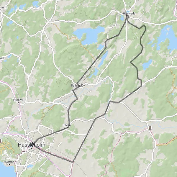 Kartminiatyr av "Hässleholm - Hästveda - Norra Sandby - Hässleholm" cykelinspiration i Sydsverige, Sweden. Genererad av Tarmacs.app cykelruttplanerare