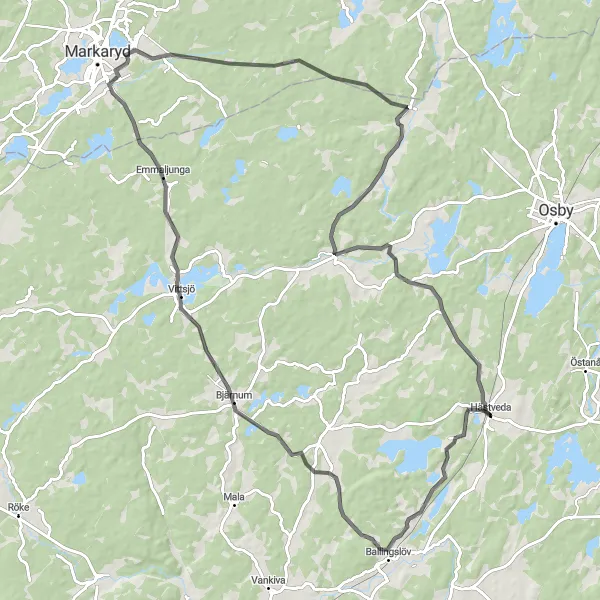 Kartminiatyr av "Cykla genom det vackra landskapet från Hästveda till Verum" cykelinspiration i Sydsverige, Sweden. Genererad av Tarmacs.app cykelruttplanerare