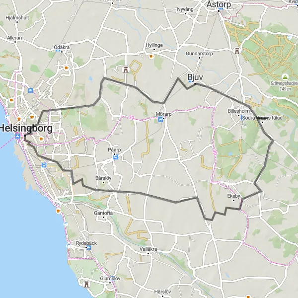 Map miniature of "Helsingborg to Bårslöv Loop" cycling inspiration in Sydsverige, Sweden. Generated by Tarmacs.app cycling route planner