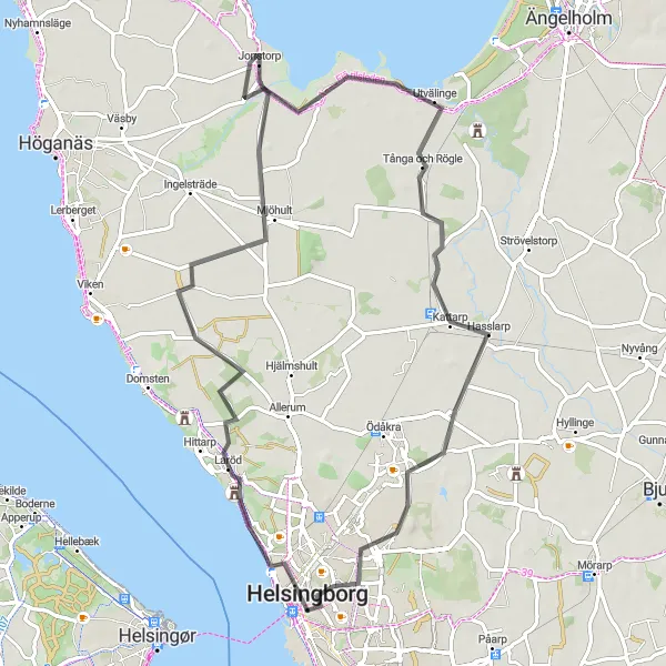 Map miniature of "Helsingborg to Kattarp Loop" cycling inspiration in Sydsverige, Sweden. Generated by Tarmacs.app cycling route planner