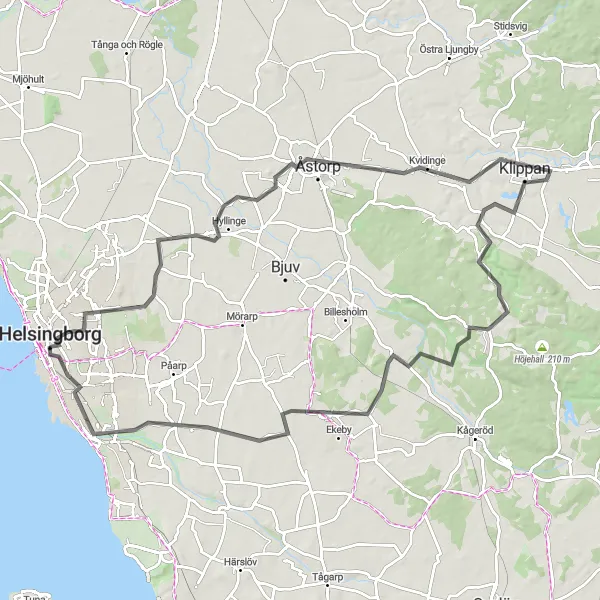 Map miniature of "Helsingborg to Klippan Loop" cycling inspiration in Sydsverige, Sweden. Generated by Tarmacs.app cycling route planner