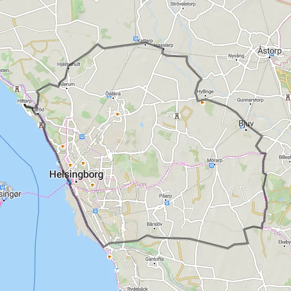 Map miniature of "Hasslarp Circuit" cycling inspiration in Sydsverige, Sweden. Generated by Tarmacs.app cycling route planner