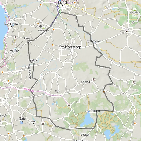 Map miniature of "Scenic Hjärup Loop" cycling inspiration in Sydsverige, Sweden. Generated by Tarmacs.app cycling route planner