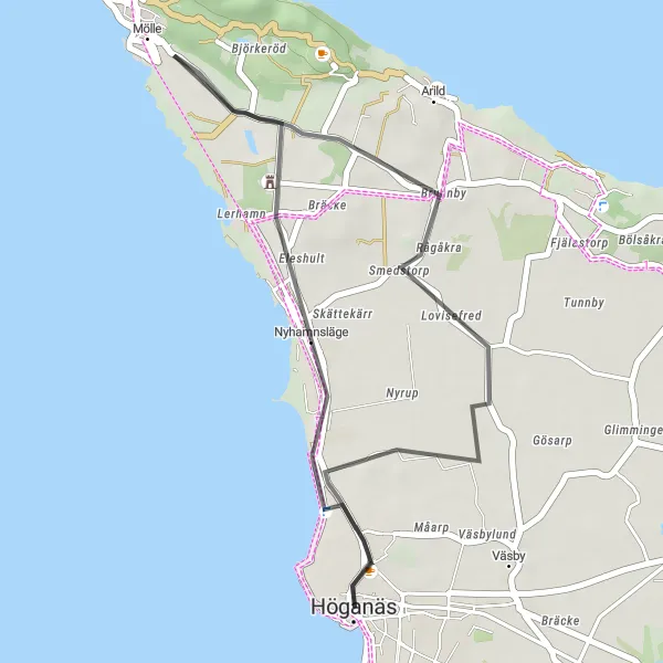 Map miniature of "Höganäs-Mölle-Nyhamnsläge Loop" cycling inspiration in Sydsverige, Sweden. Generated by Tarmacs.app cycling route planner