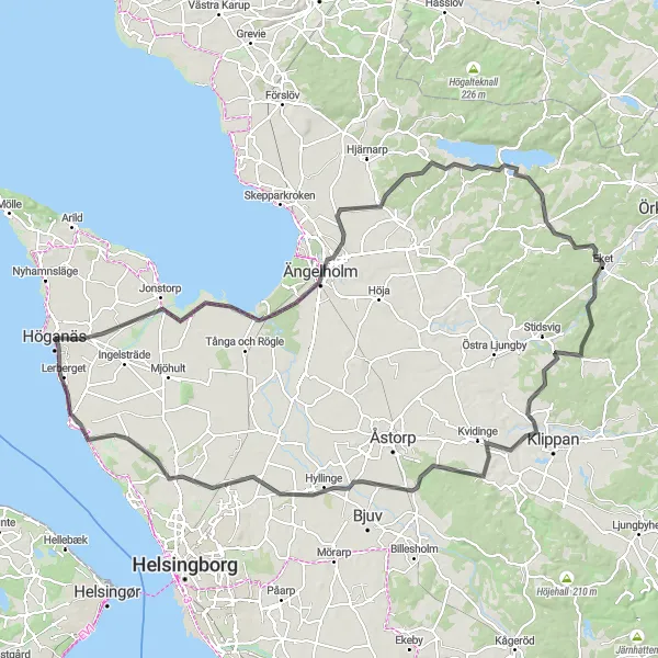 Map miniature of "Höganäs - Utvälinge - Gånarp - Nyhamnsläge - Gråmanstorp - Vrams Gunnarstorps slott - Ödåkra - Lerberget Loop" cycling inspiration in Sydsverige, Sweden. Generated by Tarmacs.app cycling route planner