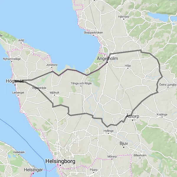 Map miniature of "Höganäs - Jonstorp - Ängelholm - Össjö - Åstorp - Kattarp - Höganäs Loop" cycling inspiration in Sydsverige, Sweden. Generated by Tarmacs.app cycling route planner