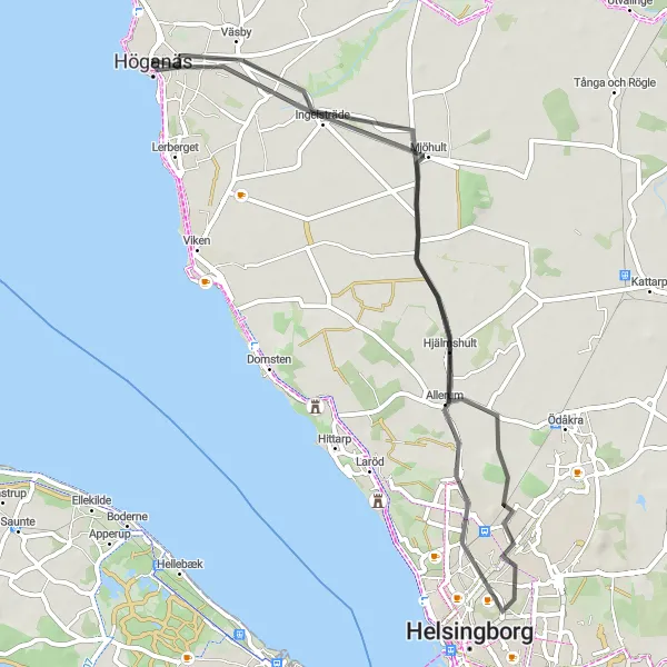 Map miniature of "Höganäs to Allerum" cycling inspiration in Sydsverige, Sweden. Generated by Tarmacs.app cycling route planner