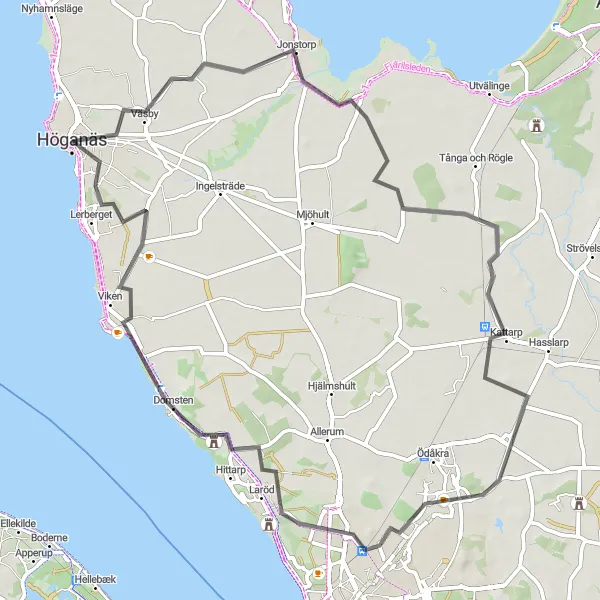 Map miniature of "Höganäs to Sofiero slott" cycling inspiration in Sydsverige, Sweden. Generated by Tarmacs.app cycling route planner