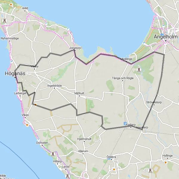 Kartminiatyr av "Höganäs - Lerberget Road Cycling Route" cykelinspiration i Sydsverige, Sweden. Genererad av Tarmacs.app cykelruttplanerare