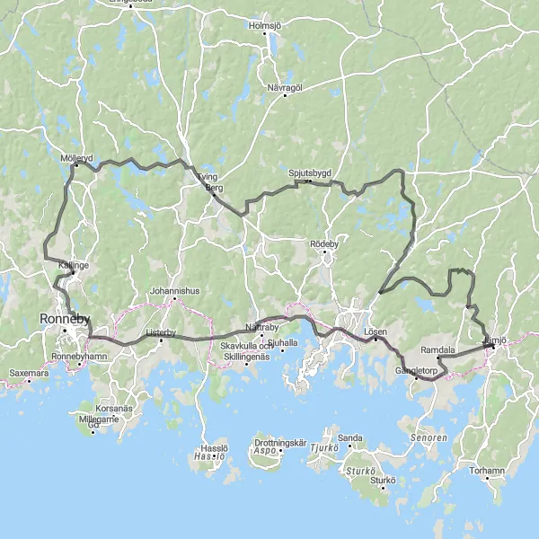 Map miniature of "The Ramdala Hills and Coastal Beauty" cycling inspiration in Sydsverige, Sweden. Generated by Tarmacs.app cycling route planner