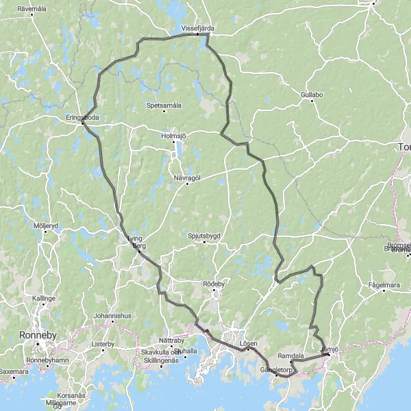 Kartminiatyr av "Tving till Fjärdsjömåla Tur och Retur" cykelinspiration i Sydsverige, Sweden. Genererad av Tarmacs.app cykelruttplanerare