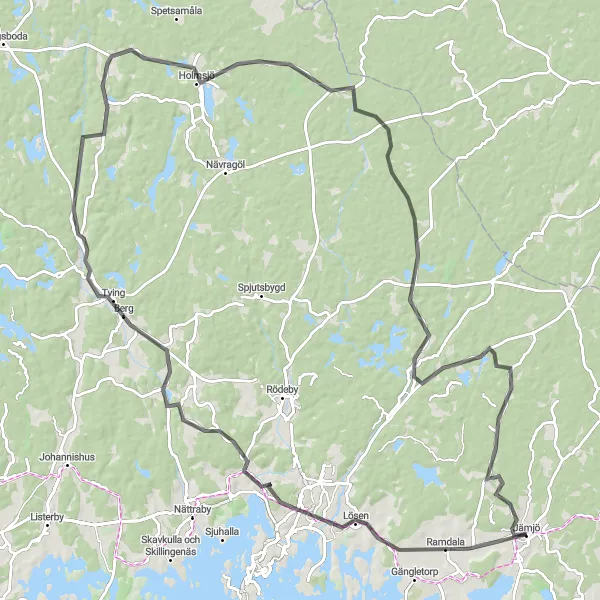 Map miniature of "The Ramdala Escape" cycling inspiration in Sydsverige, Sweden. Generated by Tarmacs.app cycling route planner