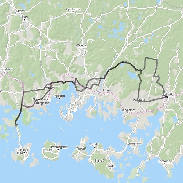 Kartminiatyr av "Skärva Herrgård och Lyckeby Rundtur" cykelinspiration i Sydsverige, Sweden. Genererad av Tarmacs.app cykelruttplanerare