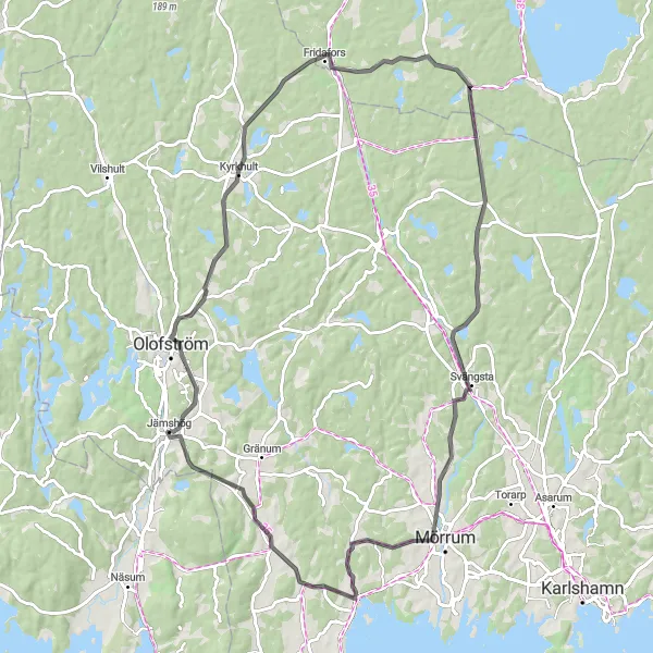 Kartminiatyr av "Jämshög - Kyrkhult - Fridafors - Svängsta - Pukavik - Jämshög" cykelinspiration i Sydsverige, Sweden. Genererad av Tarmacs.app cykelruttplanerare