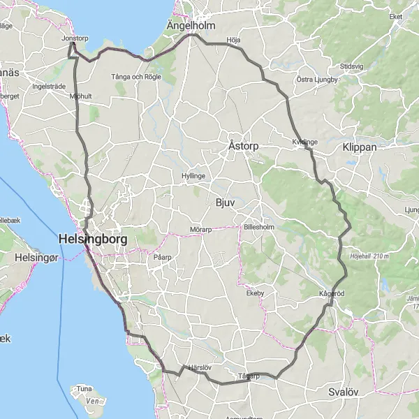 Kartminiatyr av "Utvälinge till Allerum via Helsingborg" cykelinspiration i Sydsverige, Sweden. Genererad av Tarmacs.app cykelruttplanerare