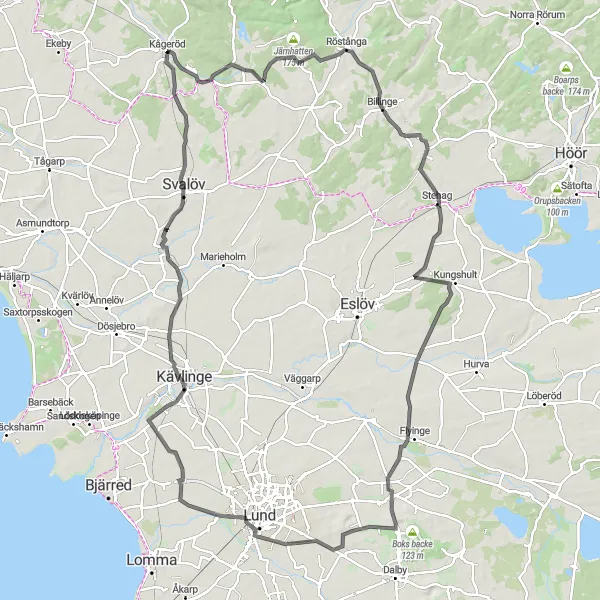 Map miniature of "Scenic Lund Loop" cycling inspiration in Sydsverige, Sweden. Generated by Tarmacs.app cycling route planner