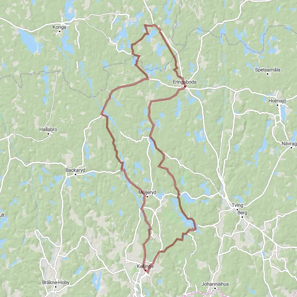 Map miniature of "Kallinge to Eringsboda Gravel Cycling Route" cycling inspiration in Sydsverige, Sweden. Generated by Tarmacs.app cycling route planner