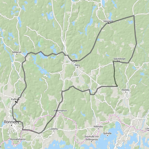 Map miniature of "Kallinge to Johannishus Road Cycling Route" cycling inspiration in Sydsverige, Sweden. Generated by Tarmacs.app cycling route planner
