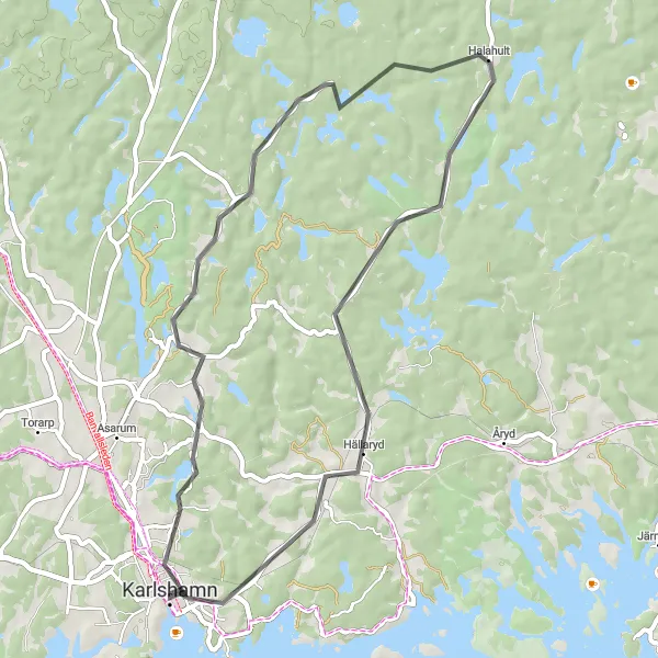 Map miniature of "Långasjönäs Runt Road Cycling Route" cycling inspiration in Sydsverige, Sweden. Generated by Tarmacs.app cycling route planner