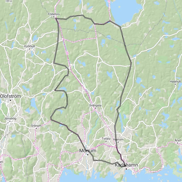 Kartminiatyr av "Karlshamn till Mörrum cykelväg" cykelinspiration i Sydsverige, Sweden. Genererad av Tarmacs.app cykelruttplanerare