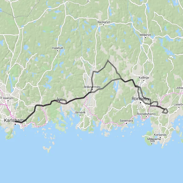 Kartminiatyr av "Karlshamn till Bräkne-Hoby Cykeltur" cykelinspiration i Sydsverige, Sweden. Genererad av Tarmacs.app cykelruttplanerare
