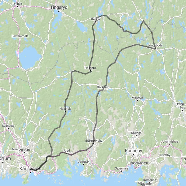 Map miniature of "Challenging Rural Excursion" cycling inspiration in Sydsverige, Sweden. Generated by Tarmacs.app cycling route planner