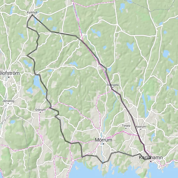 Kartminiatyr av "Elleholm till Karlshamn rundtur" cykelinspiration i Sydsverige, Sweden. Genererad av Tarmacs.app cykelruttplanerare