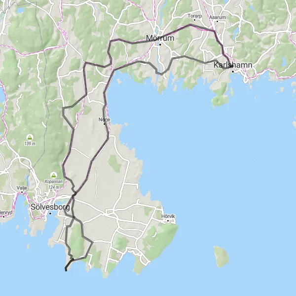 Kartminiatyr av "Karlshamn till Mörrum Cykeltur" cykelinspiration i Sydsverige, Sweden. Genererad av Tarmacs.app cykelruttplanerare