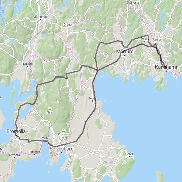 Kartminiatyr av "Karlshamn till Sölvesborg Cykeltur" cykelinspiration i Sydsverige, Sweden. Genererad av Tarmacs.app cykelruttplanerare