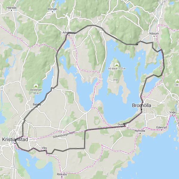 Map miniature of "Scenic Road Cycling from Kristianstad to Bromölla" cycling inspiration in Sydsverige, Sweden. Generated by Tarmacs.app cycling route planner