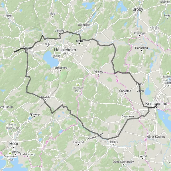 Map miniature of "Kristianstad to Tings Nöbbelöv Loop" cycling inspiration in Sydsverige, Sweden. Generated by Tarmacs.app cycling route planner