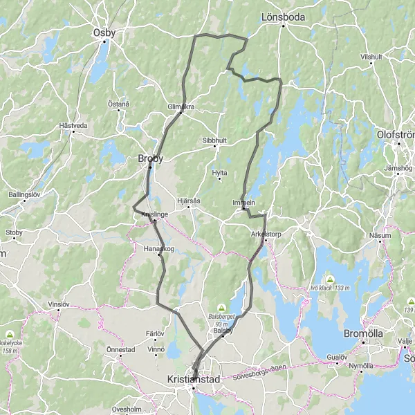 Map miniature of "Kristianstad to Glimåkra Adventure" cycling inspiration in Sydsverige, Sweden. Generated by Tarmacs.app cycling route planner