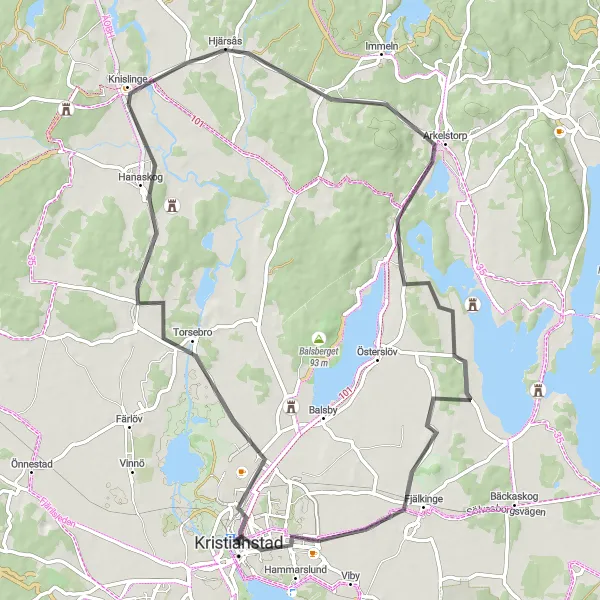 Map miniature of "Kristianstad to Hanaskog Loop" cycling inspiration in Sydsverige, Sweden. Generated by Tarmacs.app cycling route planner
